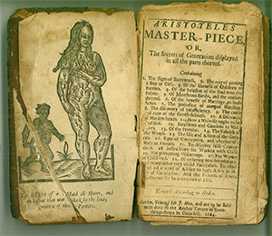 An old, yellowed book open to the title page of Aristotle's Master Piece. On the left is a photo of a naked woman covering her breasts. On the right is the title page which reads, "Aristoteles Master Piece."
