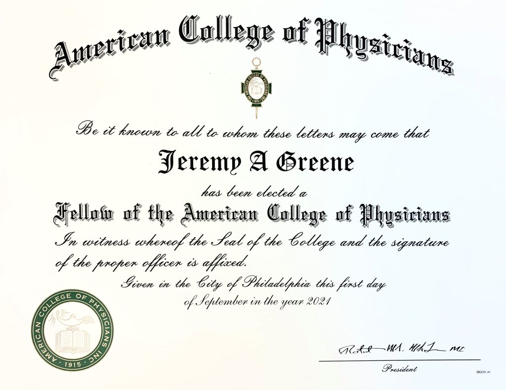 Jeremy Greene FACP Certificate